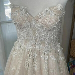 Strapless Blush Bridal Gown with Beading, Rhinestones and 3D Flowers